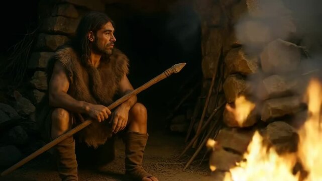 Prehistoric man with spear seated at cave entrance by fire. Ancient hunter silhouetted against firelight with flickering shadows dancing across cave walls in atmospheric prehistoric scene.