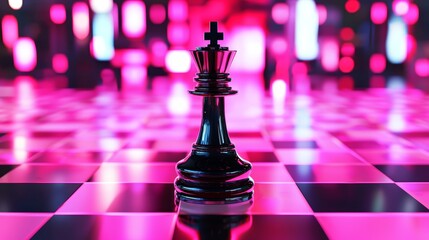 Futuristic Chess Piece King on a Flat Chessboard with Neon Lights