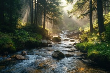 Mountain river flowing through pine forest