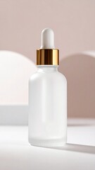 White Frosted Glass Dropper Bottle with Gold Cap on Neutral Background