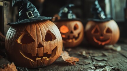 A vibrant display of carved Halloween pumpkins adorned with witch hats, setting a spooky yet festive atmosphere perfect for autumn celebrations and decoration.