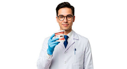 A dentist holding a teeth model, promoting oral health and smiling at the camera.