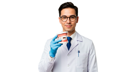 A dentist holding a teeth model, promoting oral health and smiling at the camera.