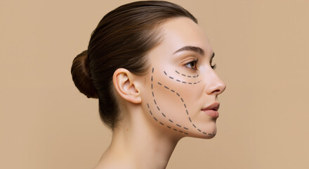 ;Profile of woman with facial massage lines showing lifting direction on beige background. Cosmetic procedure visualization. Beauty and anti-aging concept. Facial rejuvenation treatment guide