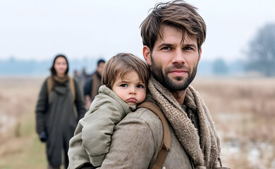 Fototapeta premium young father carrying child on his back,concept forced migration,family resilience,survival struggle,emotional bond,war refugees,seeking safety,displacement trauma,uncertain future,hope in adversity