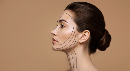 ;Profile of woman with facial massage lines showing lifting direction on beige background. Cosmetic procedure visualization. Beauty and anti-aging concept. Facial rejuvenation treatment guide