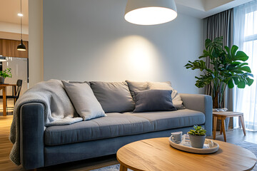 Interior of living room modern style with grey fabric sofa,wooden side table and white ceiling lamp on wooden floor.