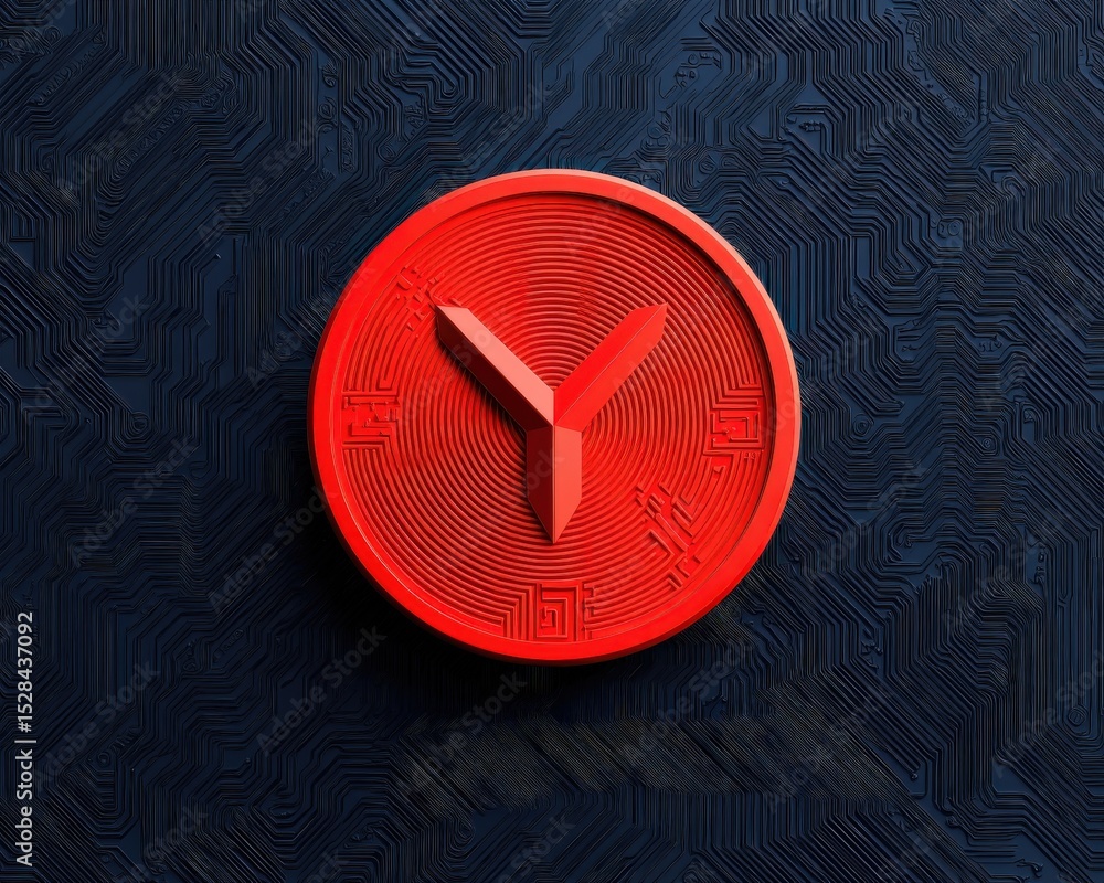 Poster a red, modern clock with a minimalist design set against a dark, circuit board-like textured backgro