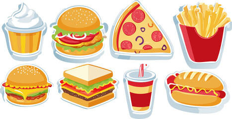 Fastfood stickers. Cartoon junk food snack labels, unhealthy meal with french fries pizza burger sandwich hot dog ice cream food, restaurant menu elements. Vector isolated set
