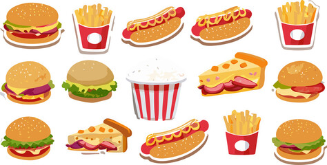 Fastfood stickers. Cartoon junk food snack labels, unhealthy meal with french fries pizza burger sandwich hot dog ice cream food, restaurant menu elements. Vector isolated set