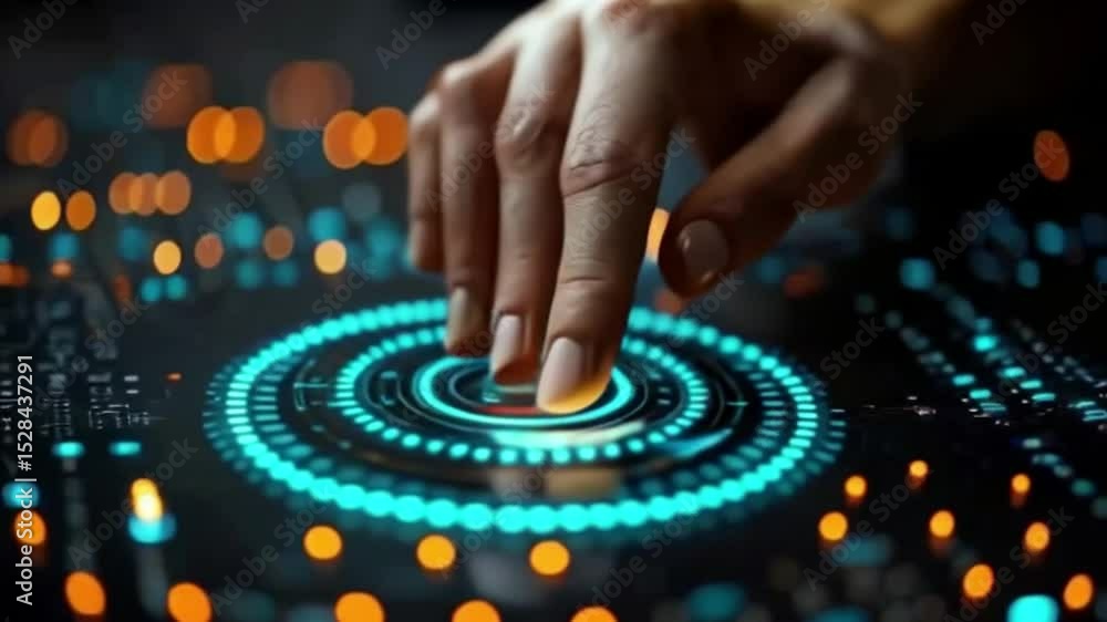 Poster a hand interacting with a glowing circular digital interface on a dark surface