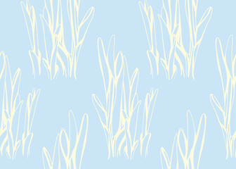 Pastel blue background with a delicate, repeating pattern of stylized creamcolored floral motifs.  Suggests serenity, spring, and gentle growth.