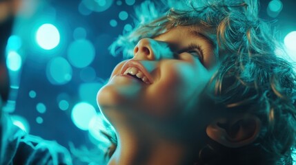 A joyful child with curly hair looks upward with a big smile, surrounded by soft blue lights, evoking feelings of happiness, wonder, and the carefree spirit of childhood.