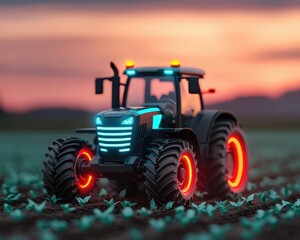 Obraz premium A futuristic tractor with glowing red wheels working in a field at sunset, highlighting advanced agricultural technology.