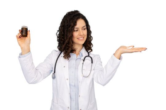 Female doctor smiling while presenting pills and a container against a transparent background, embodying healthcare and medical expertise - Powered by Adobe