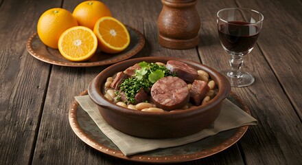 Delicious Cozido à Portuguesa: A rustic earthenware bowl brimming with hearty Cozido à Portuguesa, a traditional Portuguese stew featuring white beans, various meats, and kale.