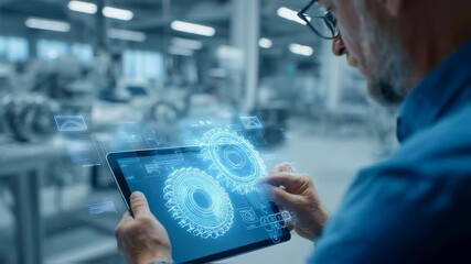 Factory employee wearing glasses engaging with rotational gears and digital elements through augmented reality interface in high tech industrial environment - Powered by Adobe