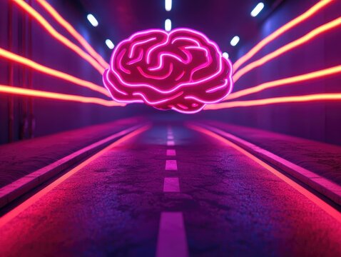 A neon pink brain floats above a futuristic road in a tunnel, with glowing light trails extending from the brain to the tunnel walls. - Powered by Adobe