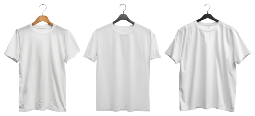 PNG Three white T-shirts on hangers, front view display element set on transparent background.