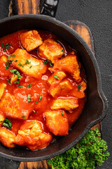 Butter chicken curry poultry meat tomato sauce dish fresh tasty gourmet food background on the table rustic food top view copy space