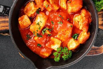 Butter chicken curry poultry meat tomato sauce dish fresh tasty gourmet food background on the table rustic food top view copy space