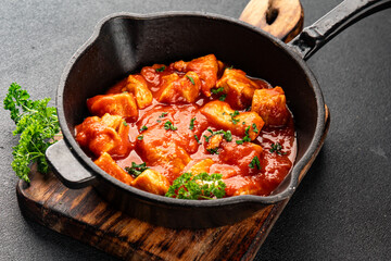 Butter chicken curry poultry meat tomato sauce dish fresh tasty gourmet food background on the table rustic food top view copy space