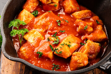 Butter chicken curry poultry meat tomato sauce dish fresh tasty gourmet food background on the table rustic food top view copy space