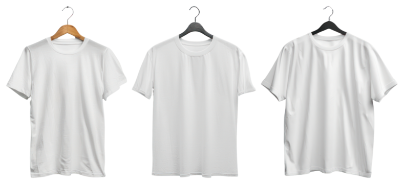 PNG Three white T-shirts on hangers, front view display element set on transparent background.