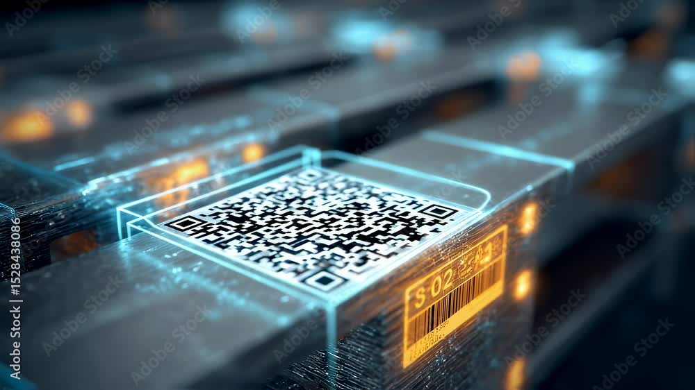 Poster futuristic tracking technology uses qr codes and barcodes on metallic blocks, indicating advanced in