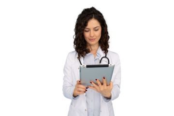Confident medical professional using a digital tablet, showcasing expertise and modern healthcare on a transparent background