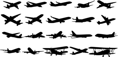 set of black various Airplane Silhouette, Vector illustration of silhouette of an airplane, outline coloring book page line art
