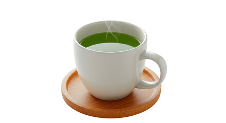 A white mug filled with steaming green tea on a wooden coaster.