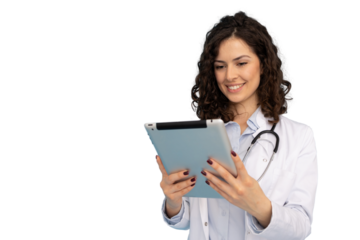 Female doctor wearing lab coat and stethoscope, smiling while using digital tablet, isolated on transparent background