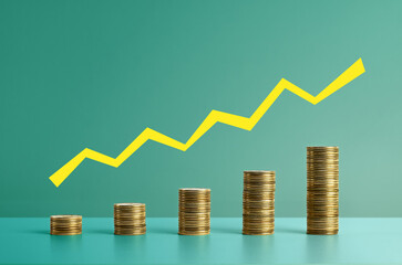 Stacks of gold coins arranged in ascending order with a yellow upward arrow graph line above....