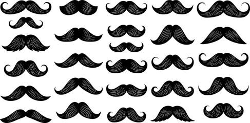 mustache silhouettes in vector retro style, mustache silhouettes with sunglass, top hat, hats, outline coloring book page line art etc