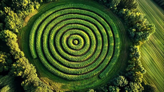Aerial view of a perfectly round green maze with spiral pattern and lush grass in daylight. 