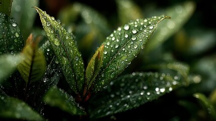Closeup of Dew Drops on Lush Green Leaves