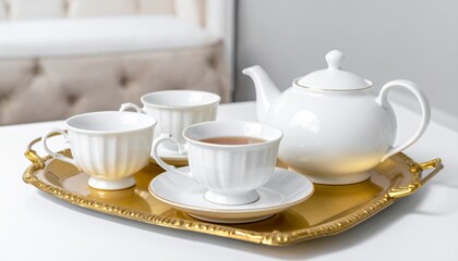 Elegant White Tea Set on Gold Tray