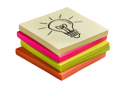 Colorful sticky notes stacked together with a light bulb illustration, representing ideas and creativity.