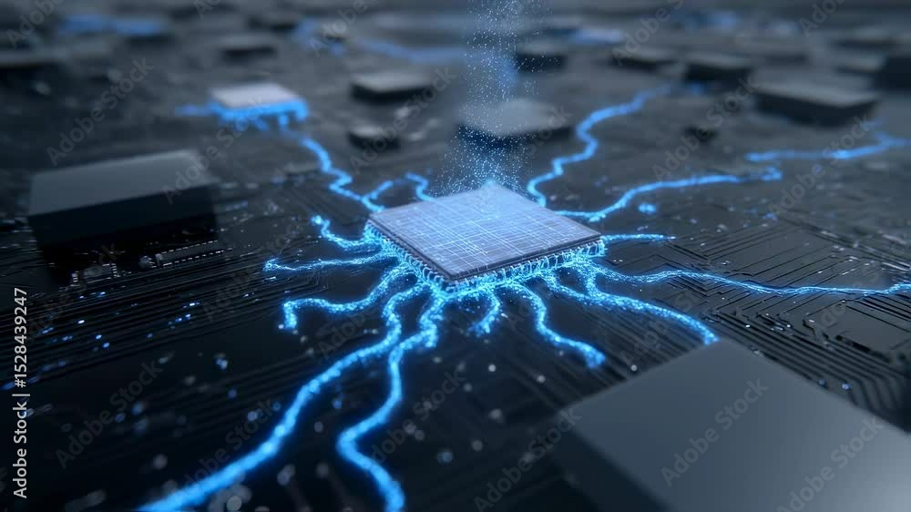 Aufkleber advanced electronic circuit board revealing central processing unit, radiating blue luminescent ener
