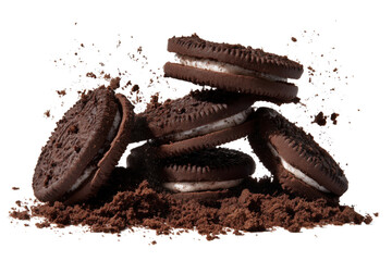 Delicious chocolate sandwich cookies piled with crumbs Isolated on transparent Background