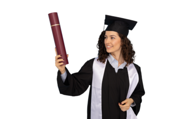 Young graduate admiring her diploma, isolated on transparent background, celebrating academic achievement and future career