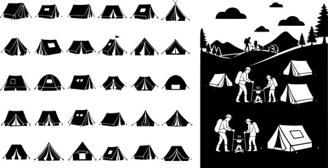 set of vector camping tent, tent icon, camping silhouettes collection, People camping scene, Landscape - camping in mountains silhouettes
