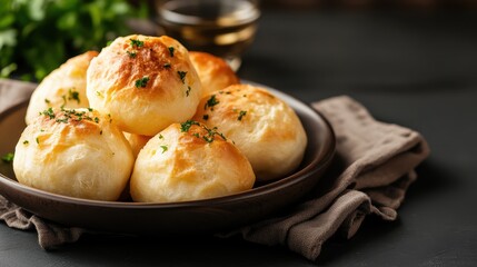 A tempting plate of golden, freshly baked cheese bread rolls garnished with herbs, showcasing perfect texture and appetizing appearance that invites enjoyment and delight.