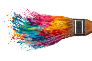 Vibrant paint splashes from a brush, showcasing colorful creativityIsolated on transparent Background.