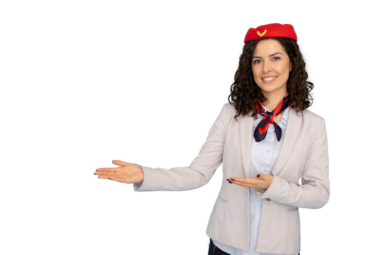 Smiling flight attendant gesturing with open palms, standing against clean transparent backdrop