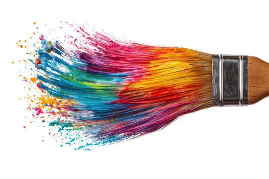 Vibrant paint splashes from a brush, showcasing colorful creativityIsolated on transparent Background.