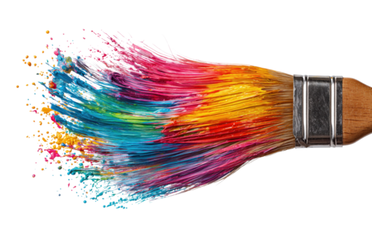 Vibrant paint splashes from a brush, showcasing colorful creativityIsolated on transparent Background.