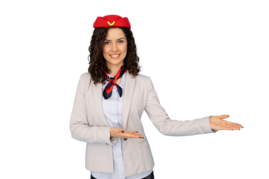 Young beautiful stewardess showing something with hands, smiling and wearing uniform on transparent background - Powered by Adobe