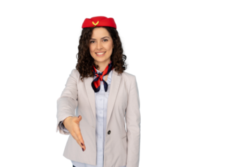 Friendly flight attendant extending hand for a handshake, isolated on transparent background, perfect for travel and hospitality projects